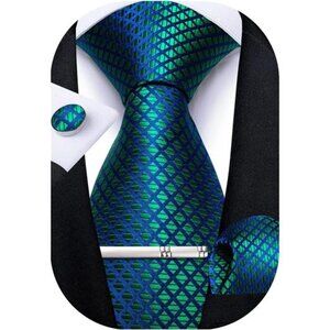 Plaid Ties for Men Silk Checkered Necktie and Pocket Square Cufflinks